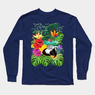 Blue Macaw Parrot Floral Portrait coming out of Exotic Jungle Long Sleeve T-Shirt